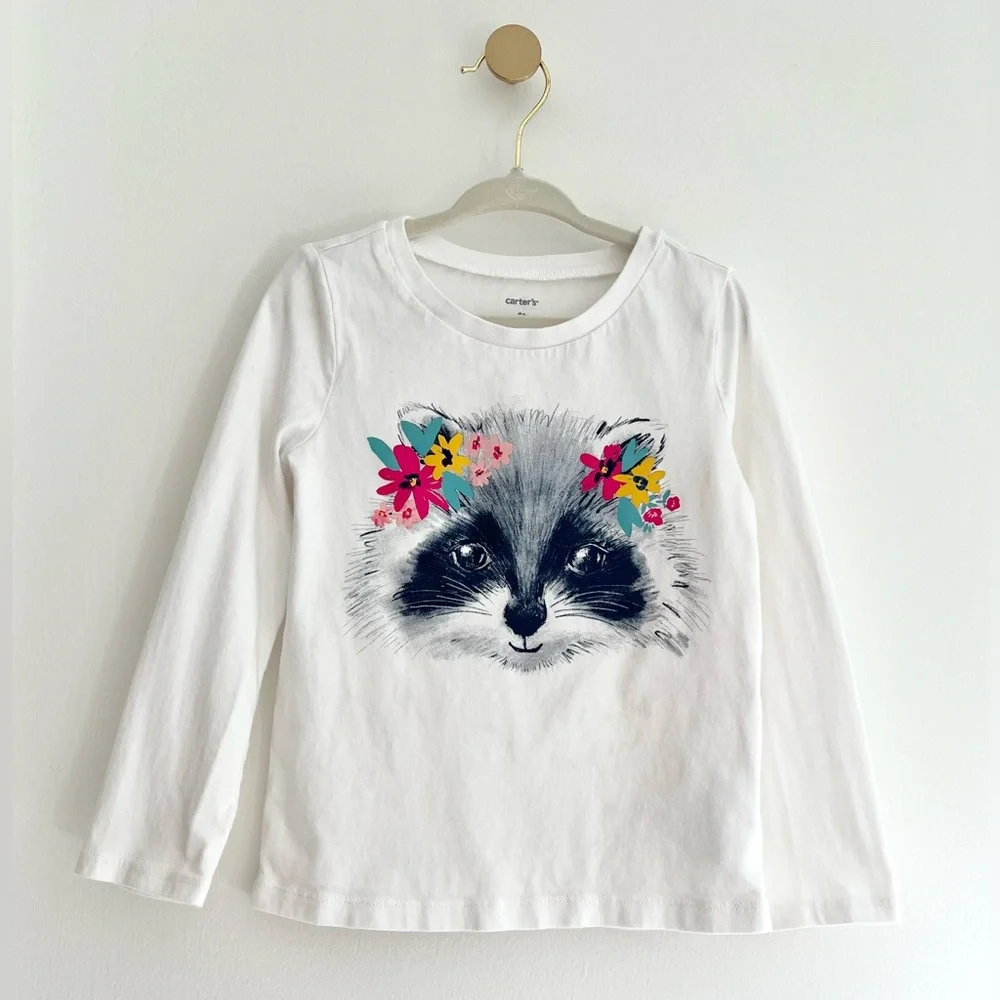 💫$4/ADD ON 💫 Carter's Kids White Long Sleeve Tee with Raccoon Design | Girls 4T